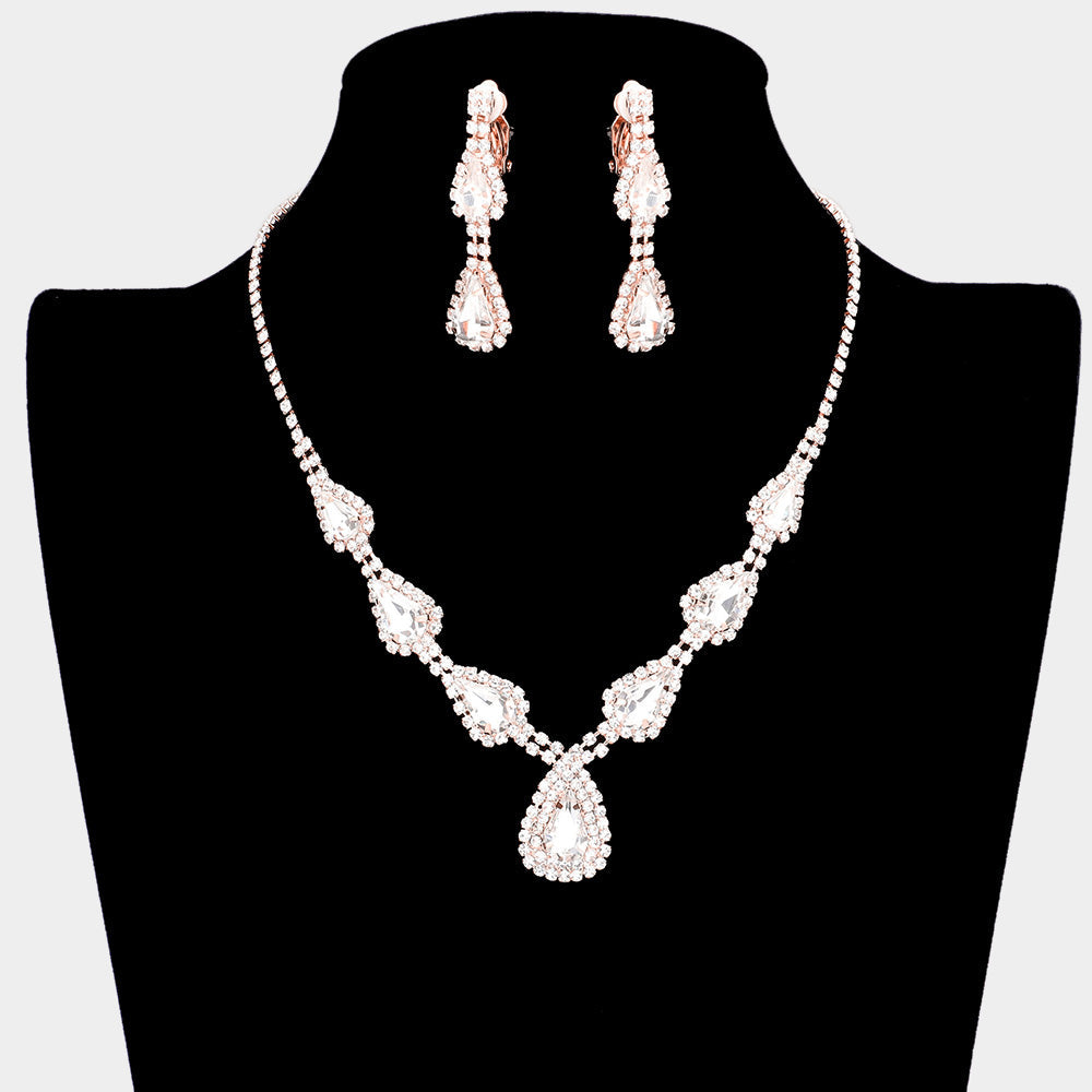 Madeline Love Rose Gold Teardrop Stone Accented Rhinestone Pave Necklace Clip on Earring Set - Jewelry
