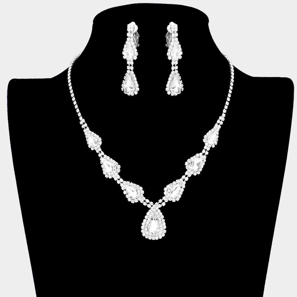 Madeline Love Silver Teardrop Stone Accented Rhinestone Pave Necklace Clip on Earring Set - Jewelry