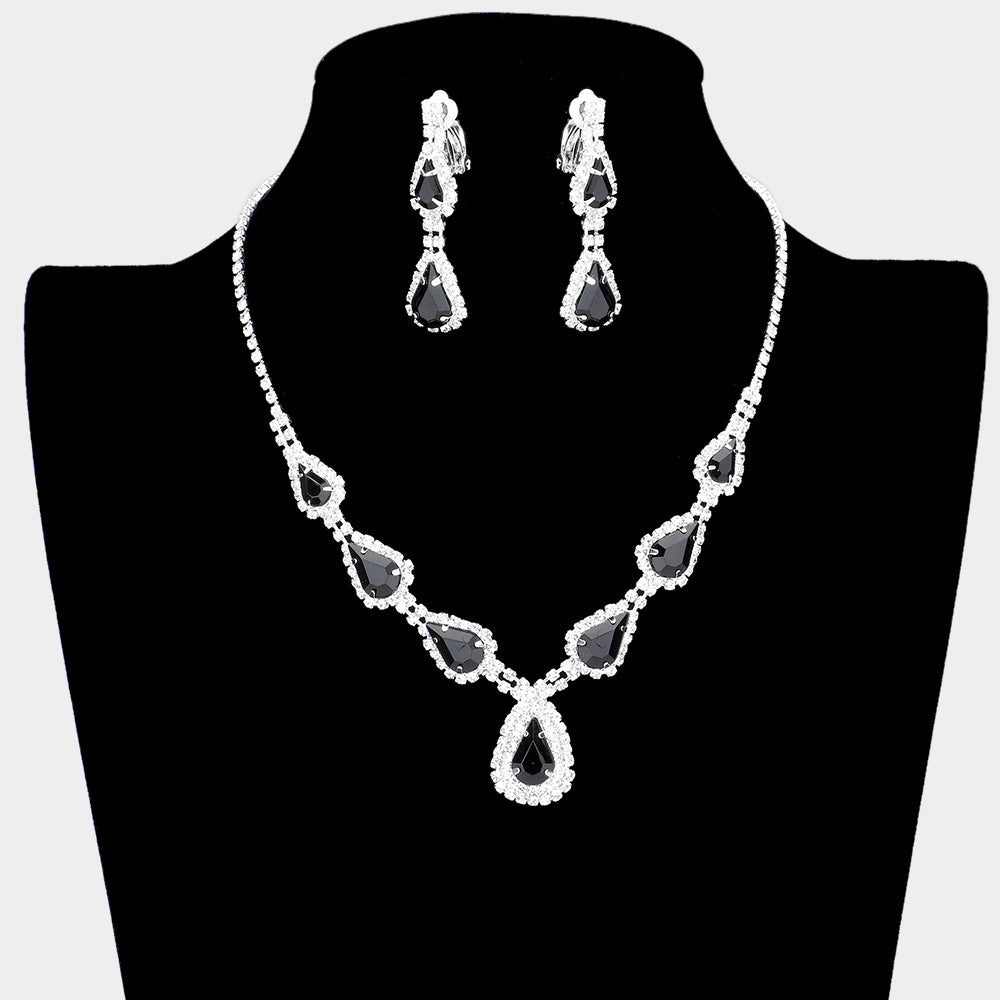 Madeline Love Jet Black, Silver Teardrop Stone Accented Rhinestone Pave Necklace Clip on Earring Set - Jewelry