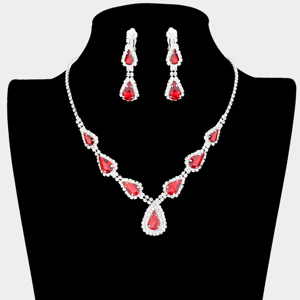 Madeline Love Red, Silver Teardrop Stone Accented Rhinestone Pave Necklace Clip on Earring Set - Jewelry
