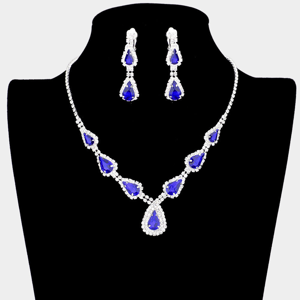 Madeline Love Sapphire, Silver Teardrop Stone Accented Rhinestone Pave Necklace Clip on Earring Set - Jewelry