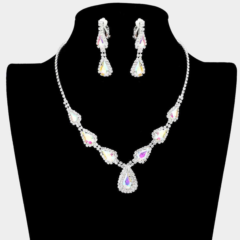 Madeline Love AB, Silver Teardrop Stone Accented Rhinestone Pave Necklace Clip on Earring Set - Jewelry