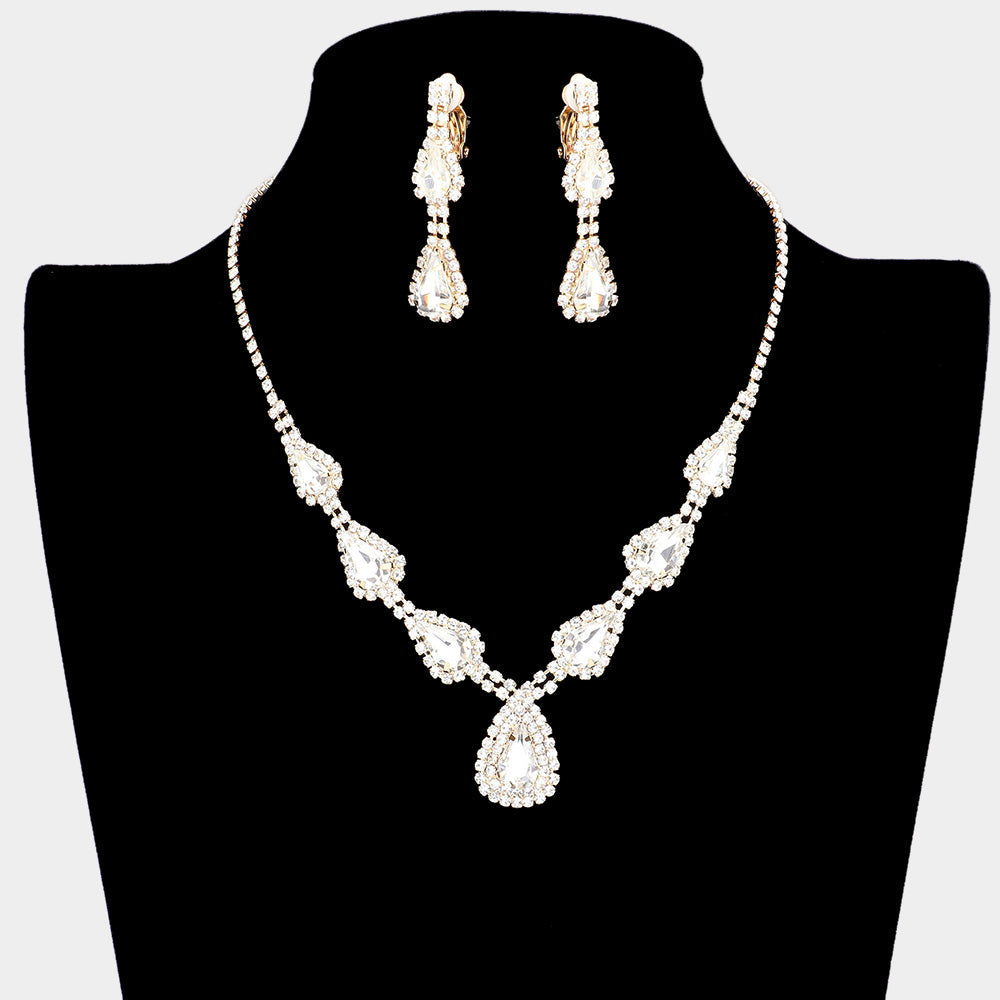 Madeline Love Gold Teardrop Stone Accented Rhinestone Pave Necklace Clip on Earring Set - Jewelry