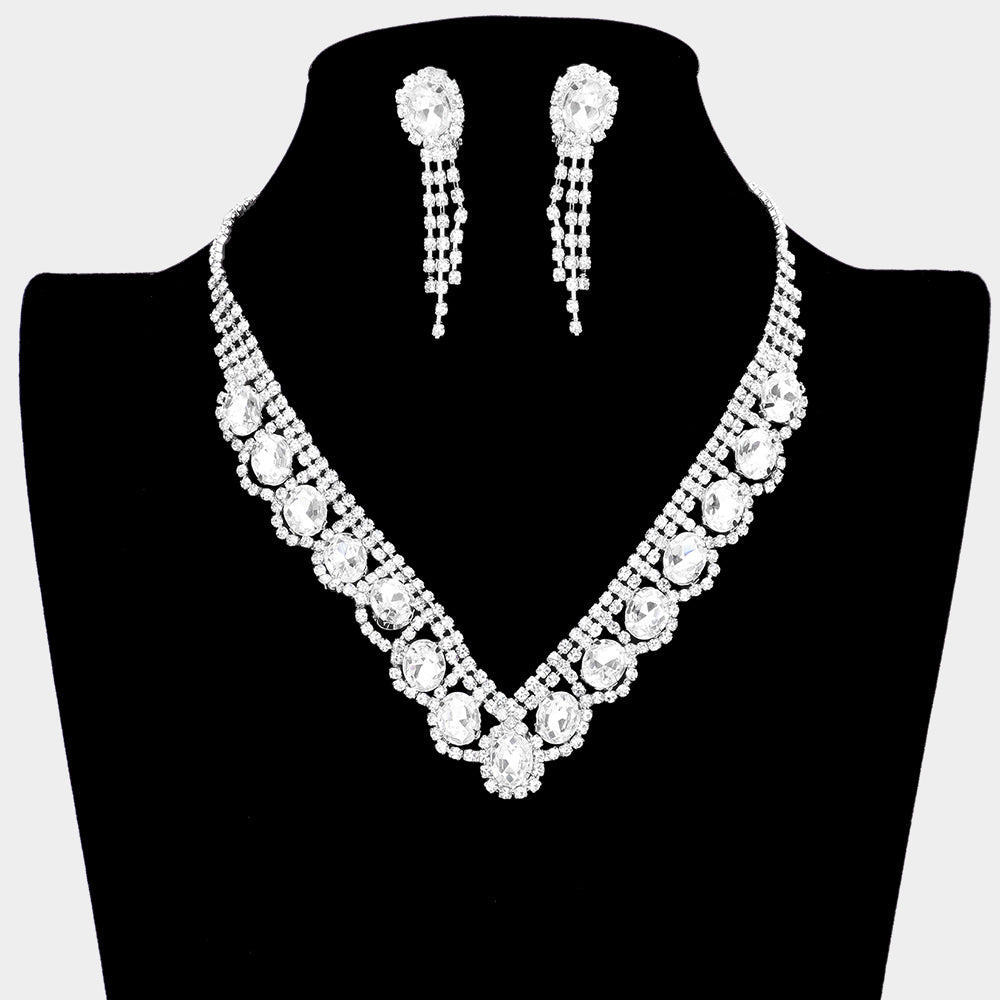 Madeline Love Silver Oval Stone Accented V Shaped Rhinestone Necklace Clip on Earring Set - Jewelry