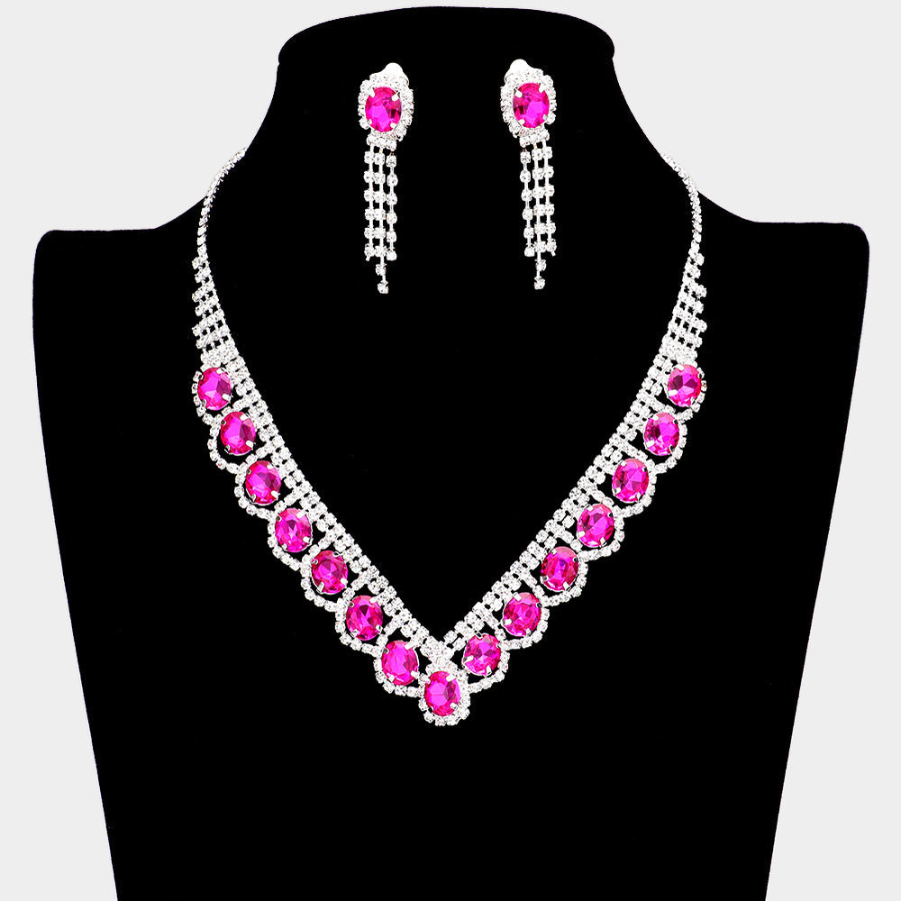 Madeline Love Fuchsia Oval Stone Accented V Shaped Rhinestone Necklace Clip on Earring Set - Jewelry