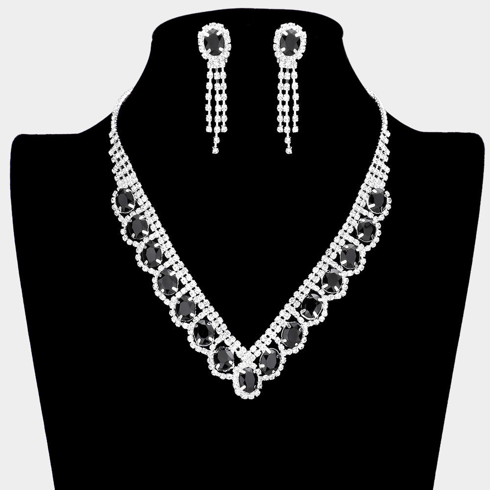 Madeline Love Jet Black Oval Stone Accented V Shaped Rhinestone Necklace Clip on Earring Set - Jewelry