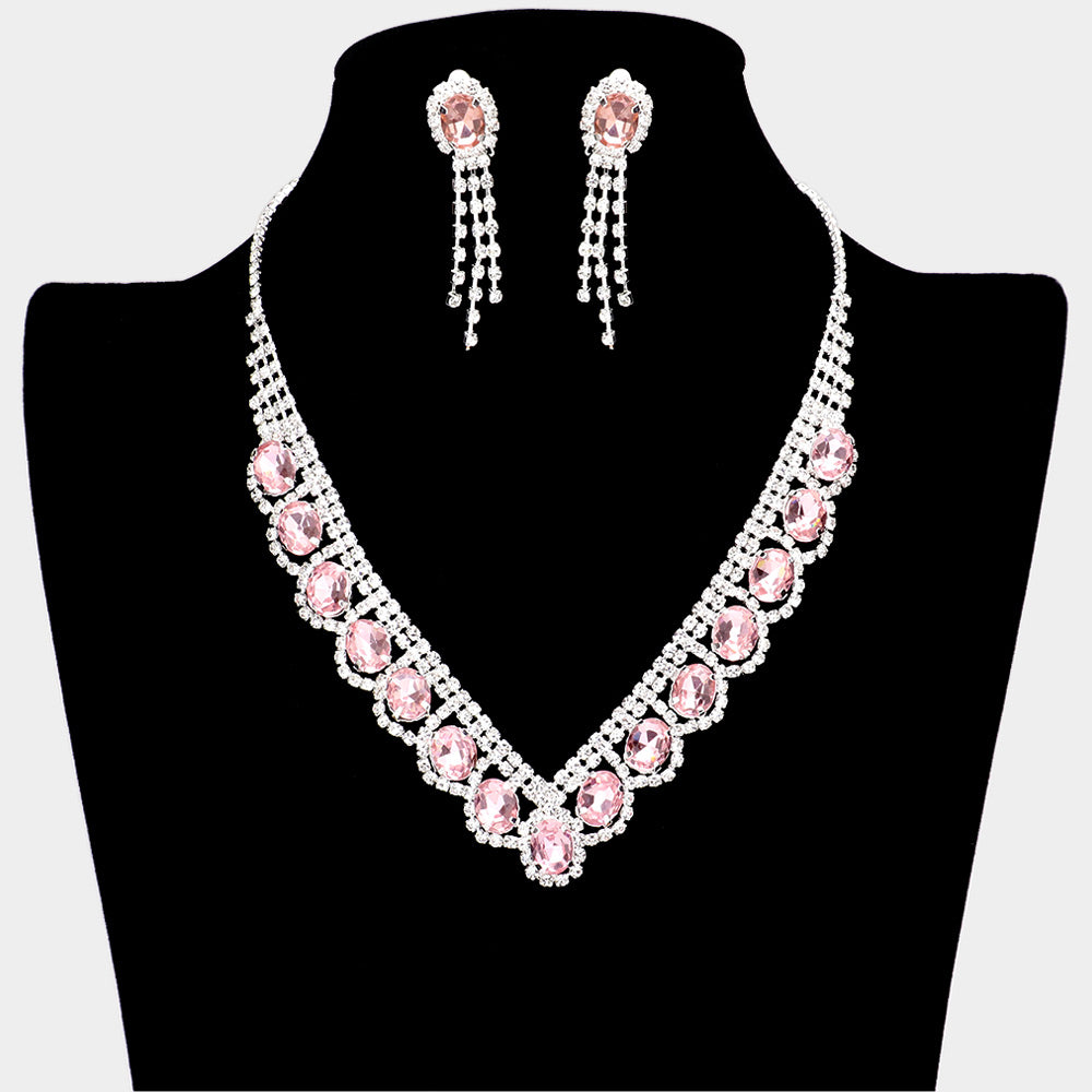 Madeline Love Pink Oval Stone Accented V Shaped Rhinestone Necklace Clip on Earring Set - Jewelry