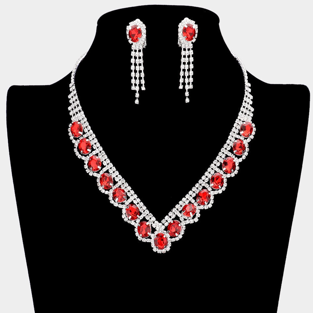 Madeline Love Red Oval Stone Accented V Shaped Rhinestone Necklace Clip on Earring Set - Jewelry