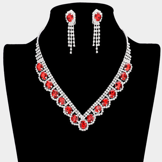 Madeline Love Red Oval Stone Accented V Shaped Rhinestone Necklace Clip on Earring Set - Jewelry