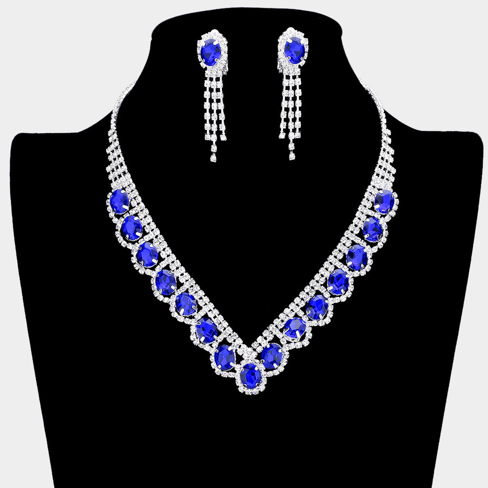 Madeline Love Sapphire Oval Stone Accented V Shaped Rhinestone Necklace Clip on Earring Set - Jewelry