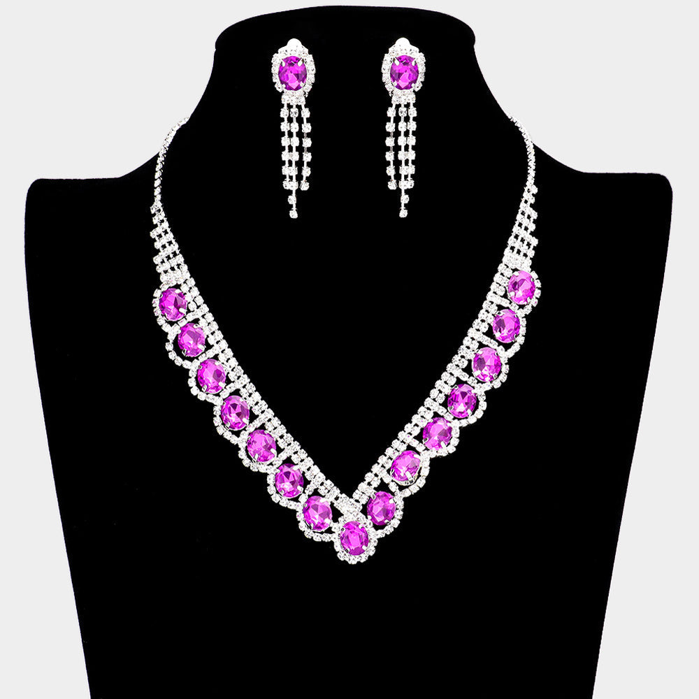 Madeline Love Purple Oval Stone Accented V Shaped Rhinestone Necklace Clip on Earring Set - Jewelry