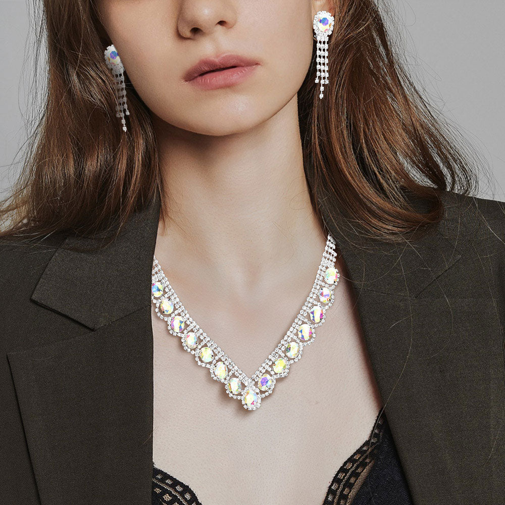 Madeline Love AB, Silver Oval Stone Accented V Shaped Rhinestone Necklace Clip on Earring Set - Jewelry