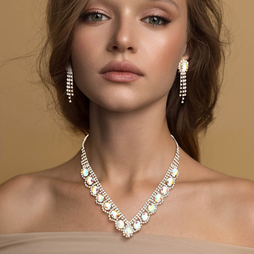 Madeline Love AB, Gold Oval Stone Accented V Shaped Rhinestone Necklace Clip on Earring Set - Jewelry