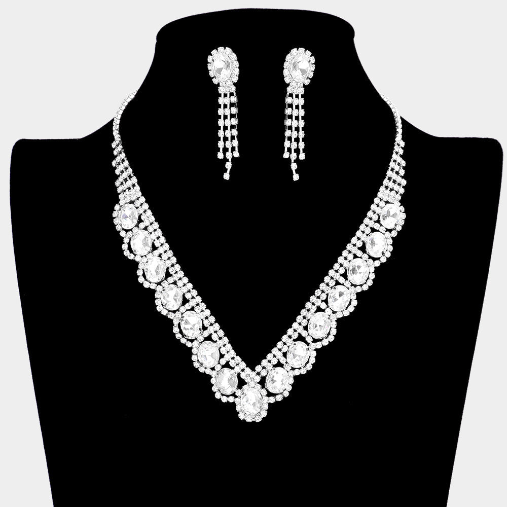 Madeline Love Silver Oval Stone Accented V Shaped Rhinestone Necklace - Jewelry