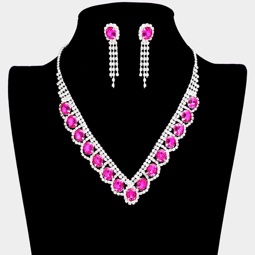 Madeline Love Fuchsia Oval Stone Accented V Shaped Rhinestone Necklace - Jewelry