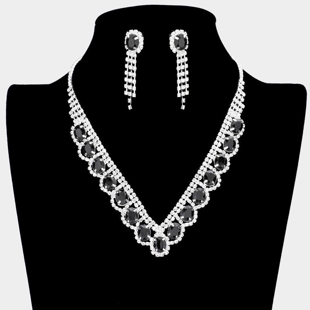 Madeline Love Jet Black Oval Stone Accented V Shaped Rhinestone Necklace - Jewelry