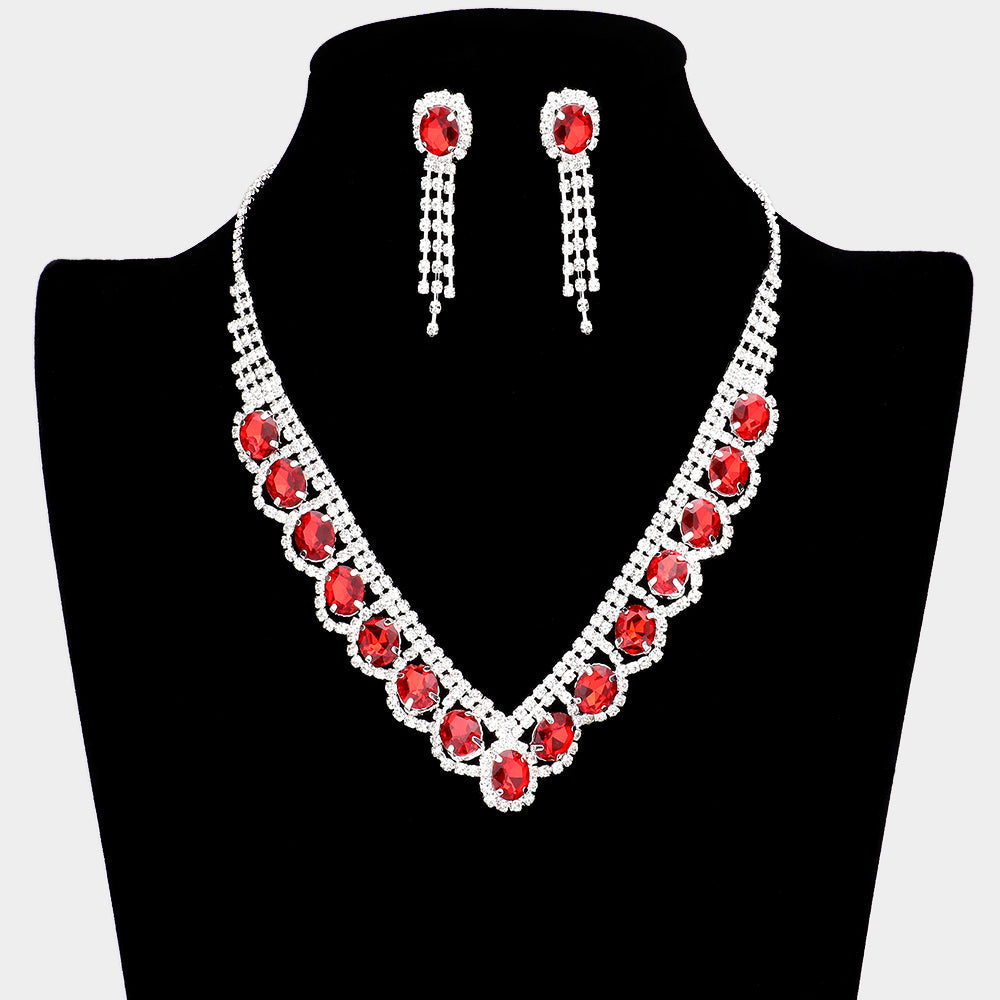 Madeline Love Red Oval Stone Accented V Shaped Rhinestone Necklace - Jewelry