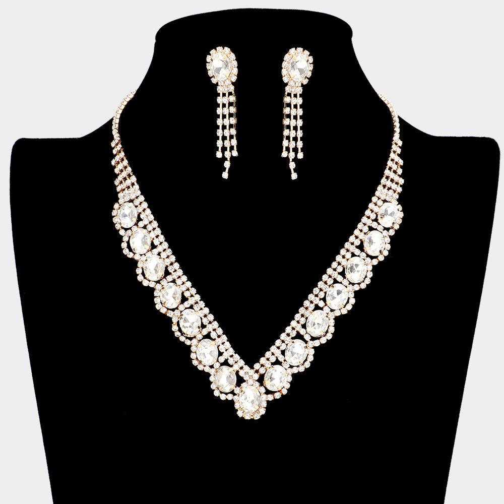 Madeline Love Gold Oval Stone Accented V Shaped Rhinestone Necklace - Jewelry