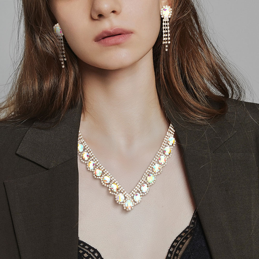 Madeline Love AB, Gold Oval Stone Accented V Shaped Rhinestone Necklace - Jewelry