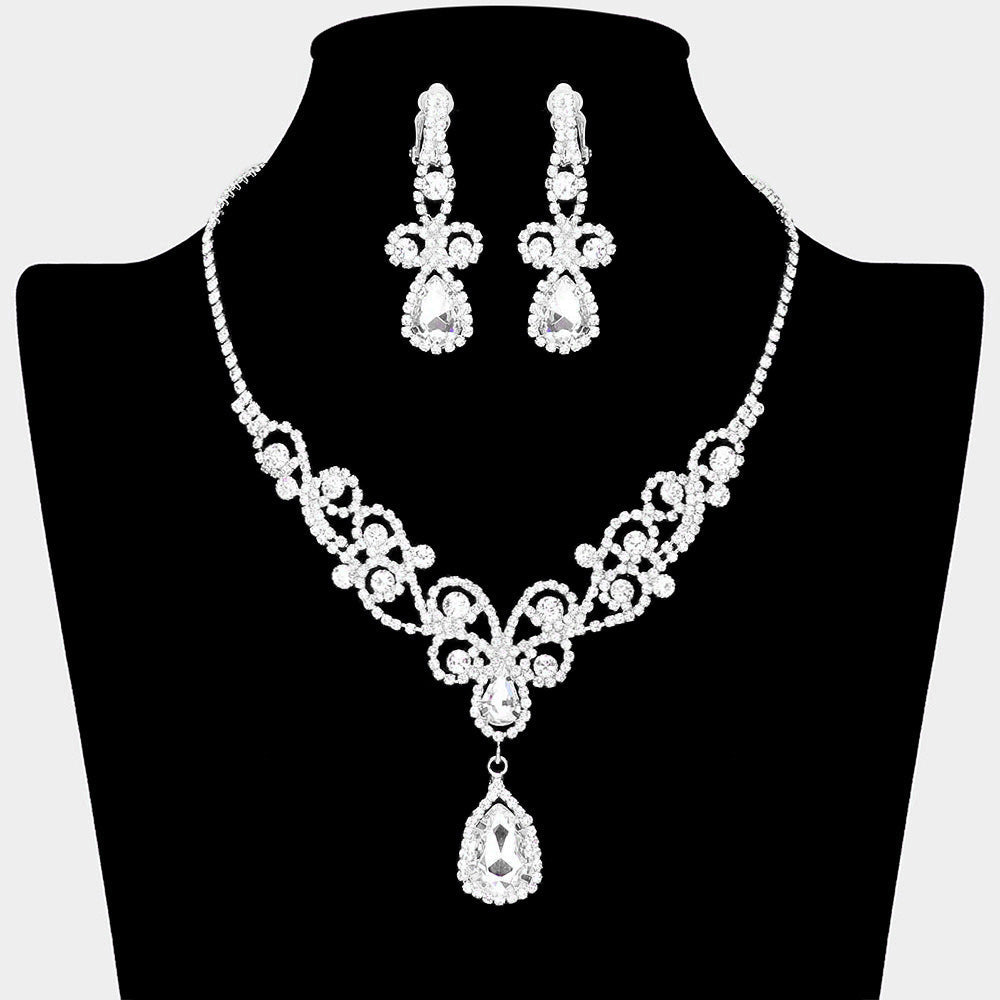 Madeline Love Silver Teardrop Crystal Rhinestone Vine Drop Collar Necklace Clip on Earring Set - Jewelry
