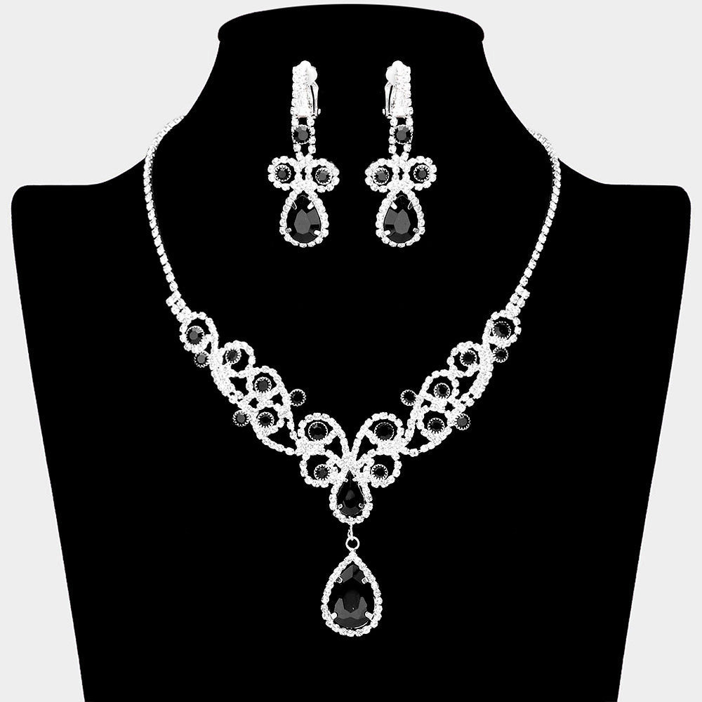 Madeline Love Jet Black Teardrop Crystal Rhinestone Vine Drop Collar Necklace Clip on Earring Set - Jewelry