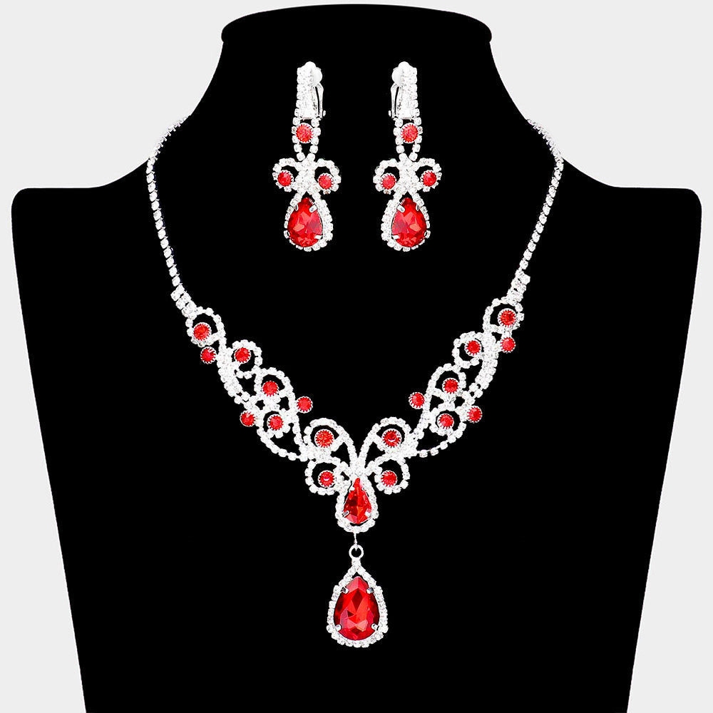 Madeline Love Red Teardrop Crystal Rhinestone Vine Drop Collar Necklace Clip on Earring Set - Jewelry