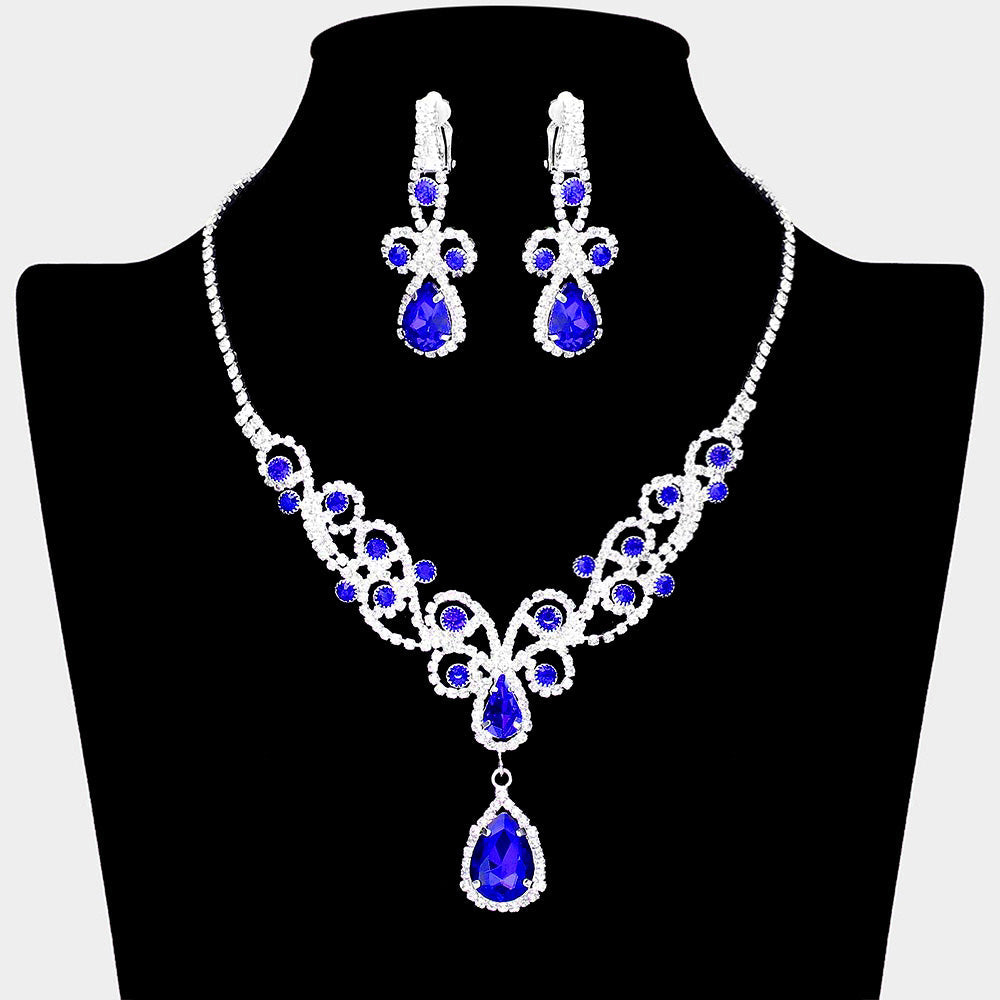 Madeline Love Sapphire Teardrop Crystal Rhinestone Vine Drop Collar Necklace Clip on Earring Set - Jewelry