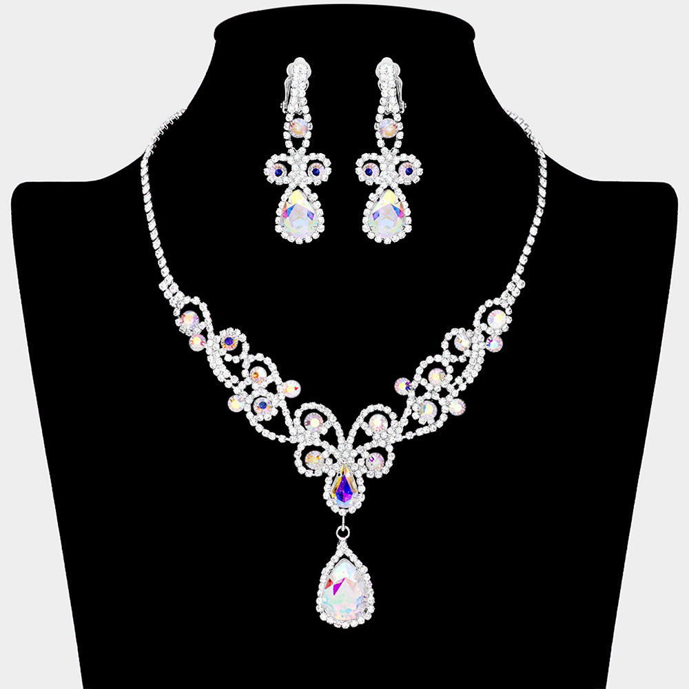 Madeline Love AB, Silver Teardrop Crystal Rhinestone Vine Drop Collar Necklace - Jewelry