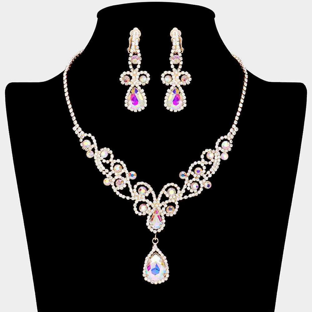 Madeline Love AB, Gold Teardrop Crystal Rhinestone Vine Drop Collar Necklace Clip on Earring Set - Jewelry