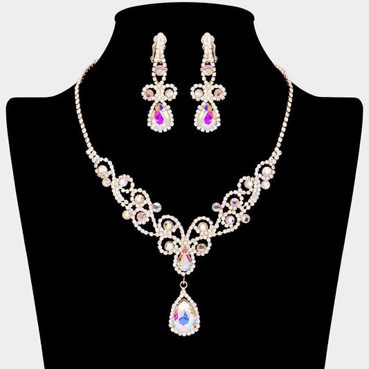 Madeline Love AB, Gold Teardrop Crystal Rhinestone Vine Drop Collar Necklace Clip on Earring Set - Jewelry
