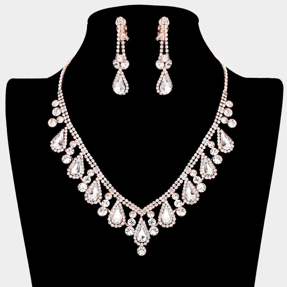 Madeline Love Clear, Rose Gold Crystal Rhinestone Bubbly Teardrop Necklace Clip on Earring Set - Jewelry