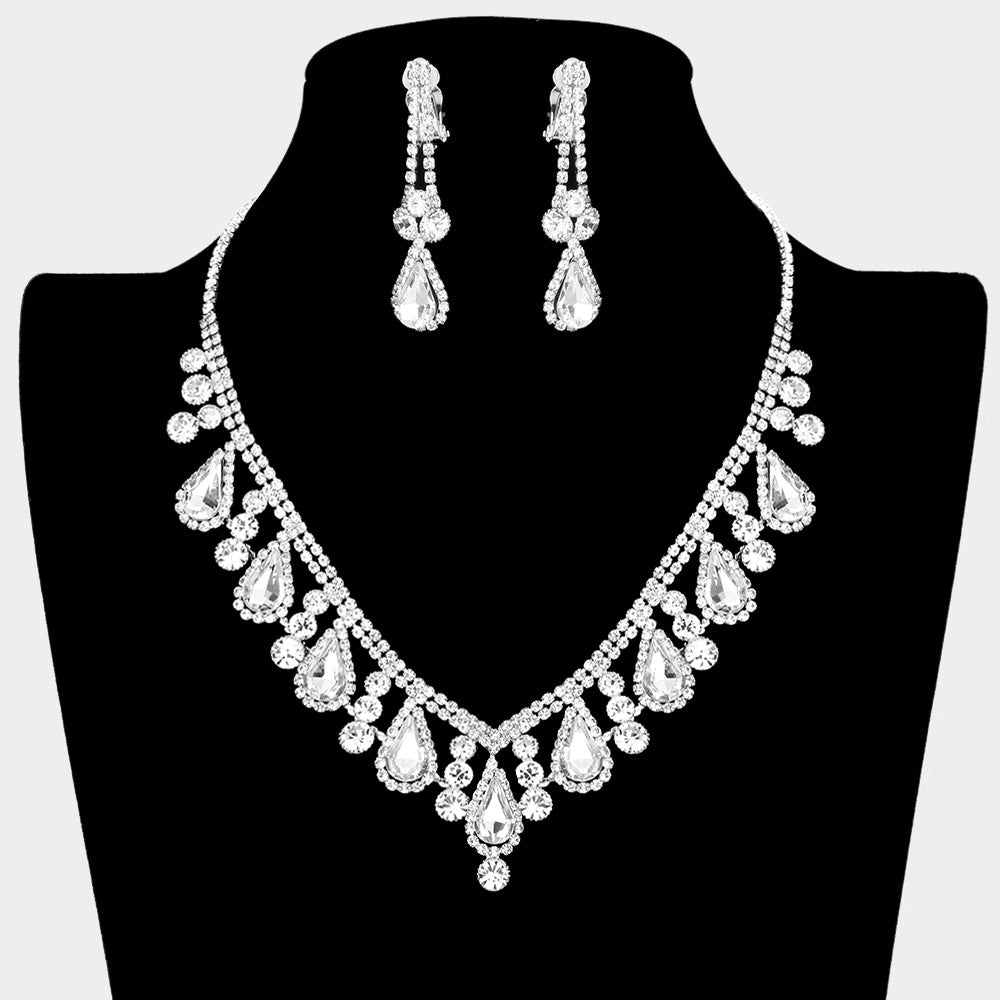 Madeline Love Clear, Silver Crystal Rhinestone Bubbly Teardrop Necklace Clip on Earring Set - Jewelry