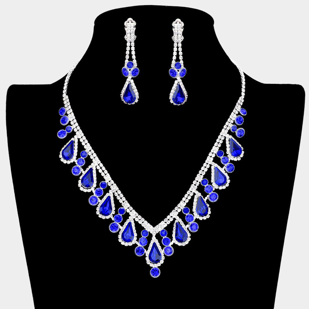 Madeline Love Blue, Silver Crystal Rhinestone Bubbly Teardrop Necklace Clip on Earring Set - Jewelry