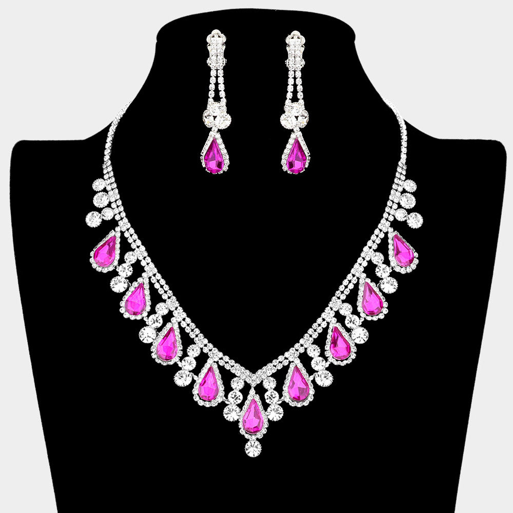 Madeline Love Purple , Silver Crystal Rhinestone Bubbly Teardrop Necklace Clip on Earring Set - Jewelry