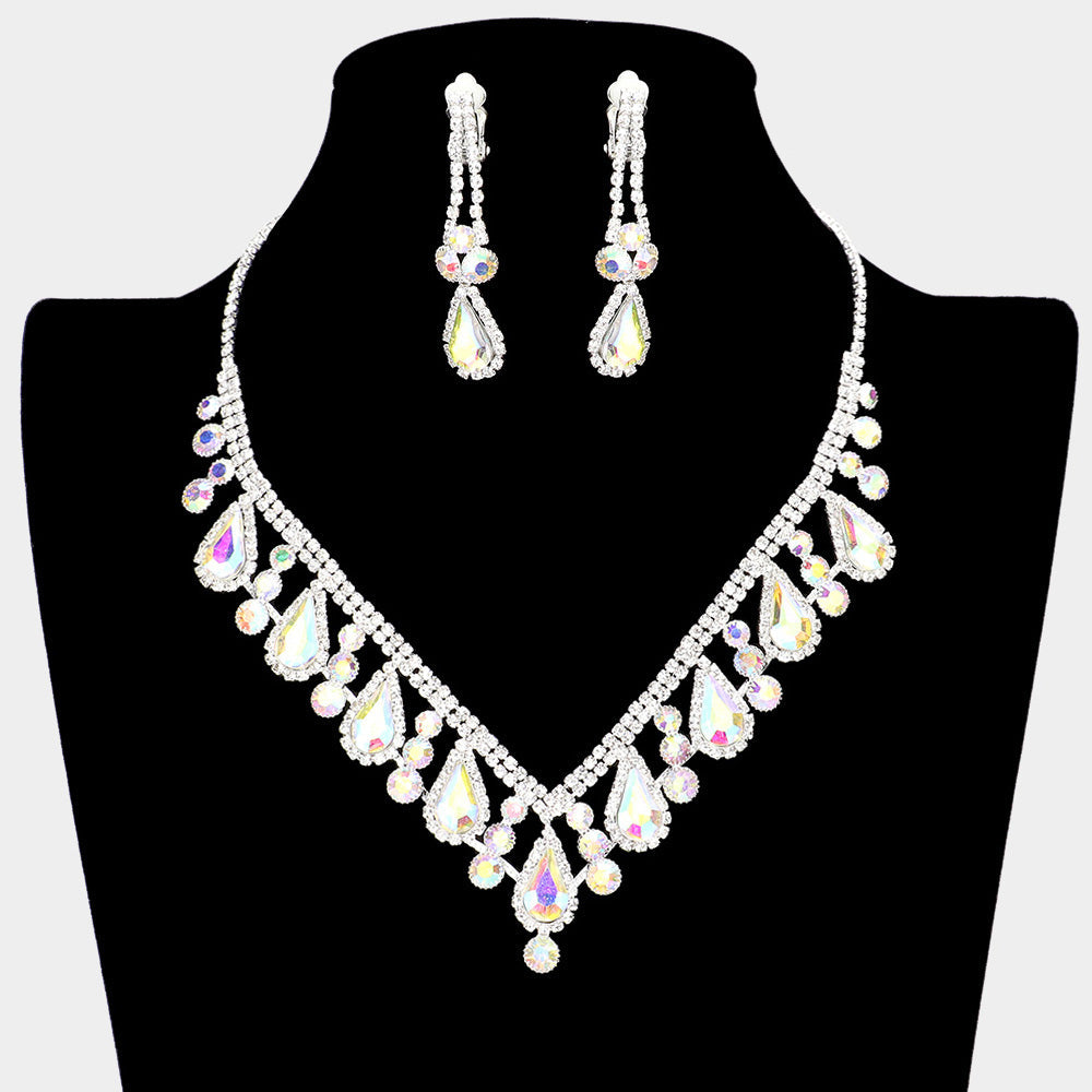 Madeline Love AB, Silver Crystal Rhinestone Bubbly Teardrop Necklace Clip on Earring Set - Jewelry