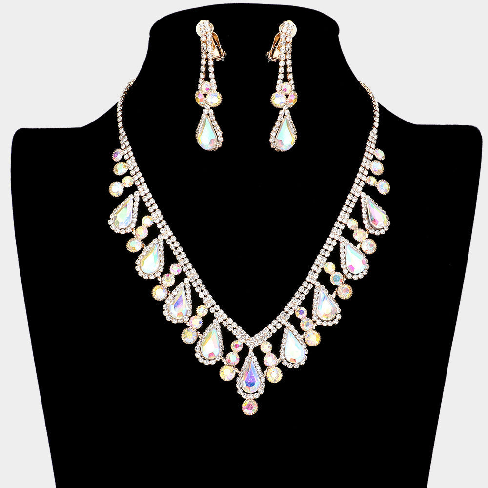Madeline Love AB, Gold Crystal Rhinestone Bubbly Teardrop Necklace Clip on Earring Set - Jewelry