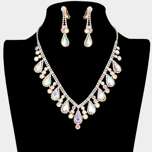 Madeline Love AB, Gold Crystal Rhinestone Bubbly Teardrop Necklace Clip on Earring Set - Jewelry