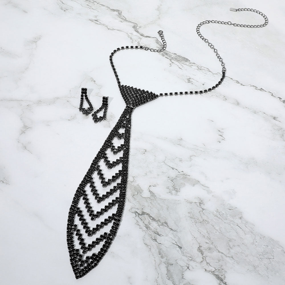 Madeline Love Hematite, Jet Black Rhinestone Pave Neck Tie Necklace - Jewelry