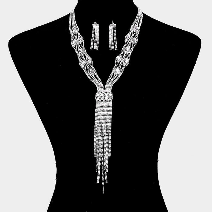 Madeline Love Clear, Cream, Silver Rhinestone Trim Crystal Oval Fringe Necklace - Jewelry