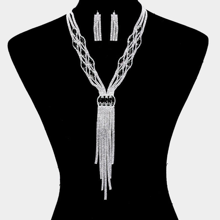 Madeline Love Black, Clear, Silver Rhinestone Trim Crystal Oval Fringe Necklace - Jewelry