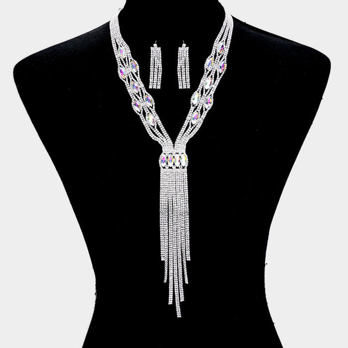 Madeline Love AB, Silver Rhinestone Trim Crystal Oval Fringe Necklace - Jewelry