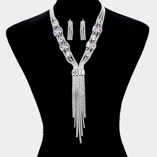 Madeline Love AB, Silver Rhinestone Trim Crystal Oval Fringe Necklace - Jewelry