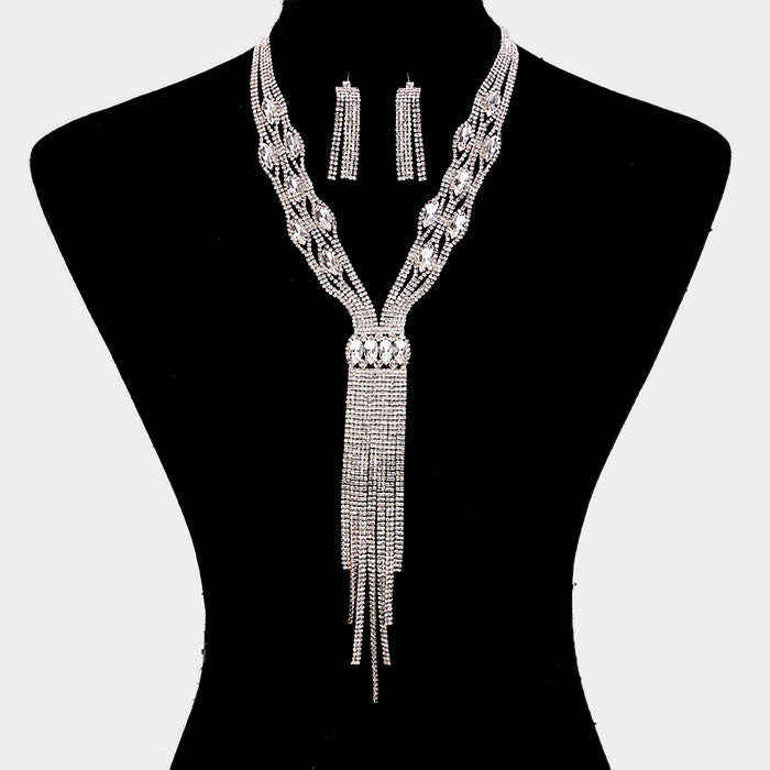 Madeline Love Clear, Gold Rhinestone Trim Crystal Oval Fringe Necklace - Jewelry