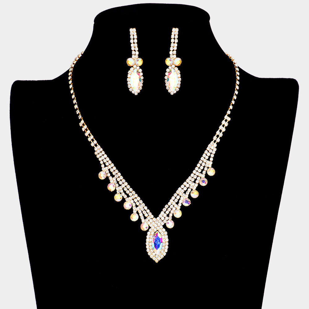Madeline Love AB, Gold Round Marquise Stone Accented Rhinestone Necklace - Jewelry