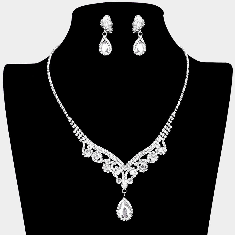 Madeline Love Clear, Silver Teardrop Stone Accented Rhinestone Necklace Clip on Earring Set - Jewelry