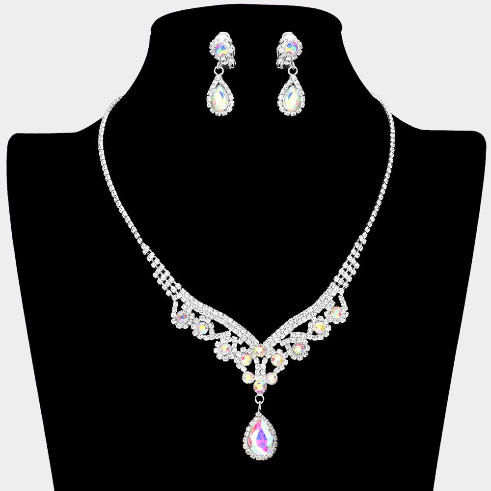 Madeline Love AB, Silver Teardrop Stone Accented Rhinestone Necklace Clip on Earring Set - Jewelry