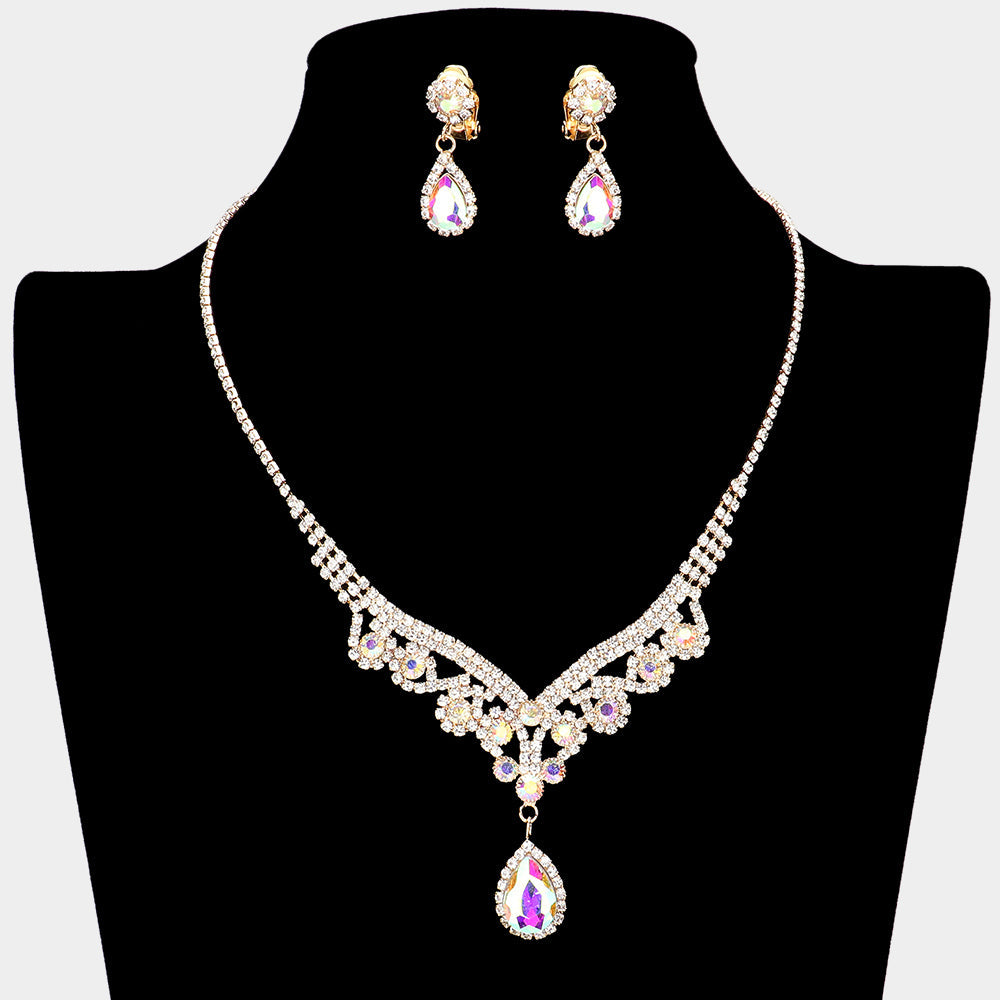 Madeline Love AB, Gold Teardrop Stone Accented Rhinestone Necklace Clip on Earring Set - Jewelry
