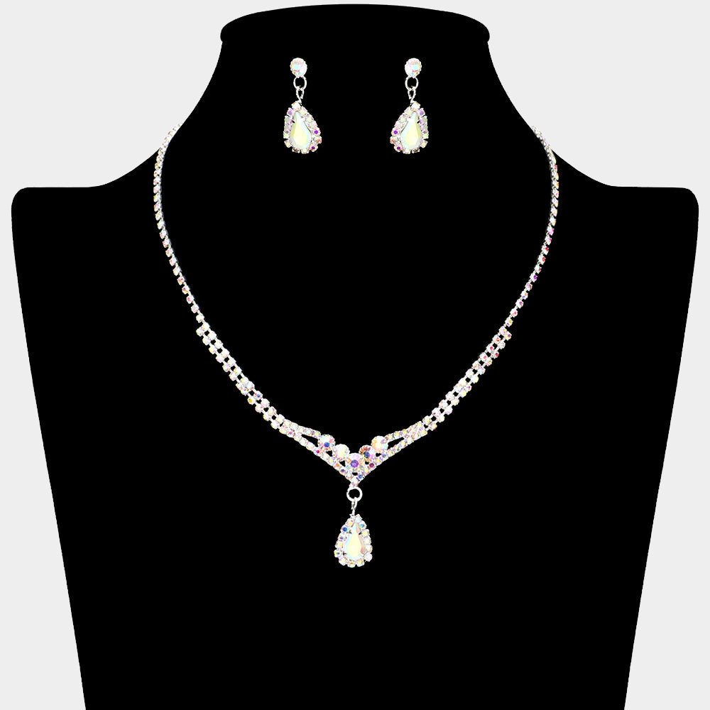 Madeline Love AB, Silver Teardrop Stone Pointed Rhinestone Paved Necklace