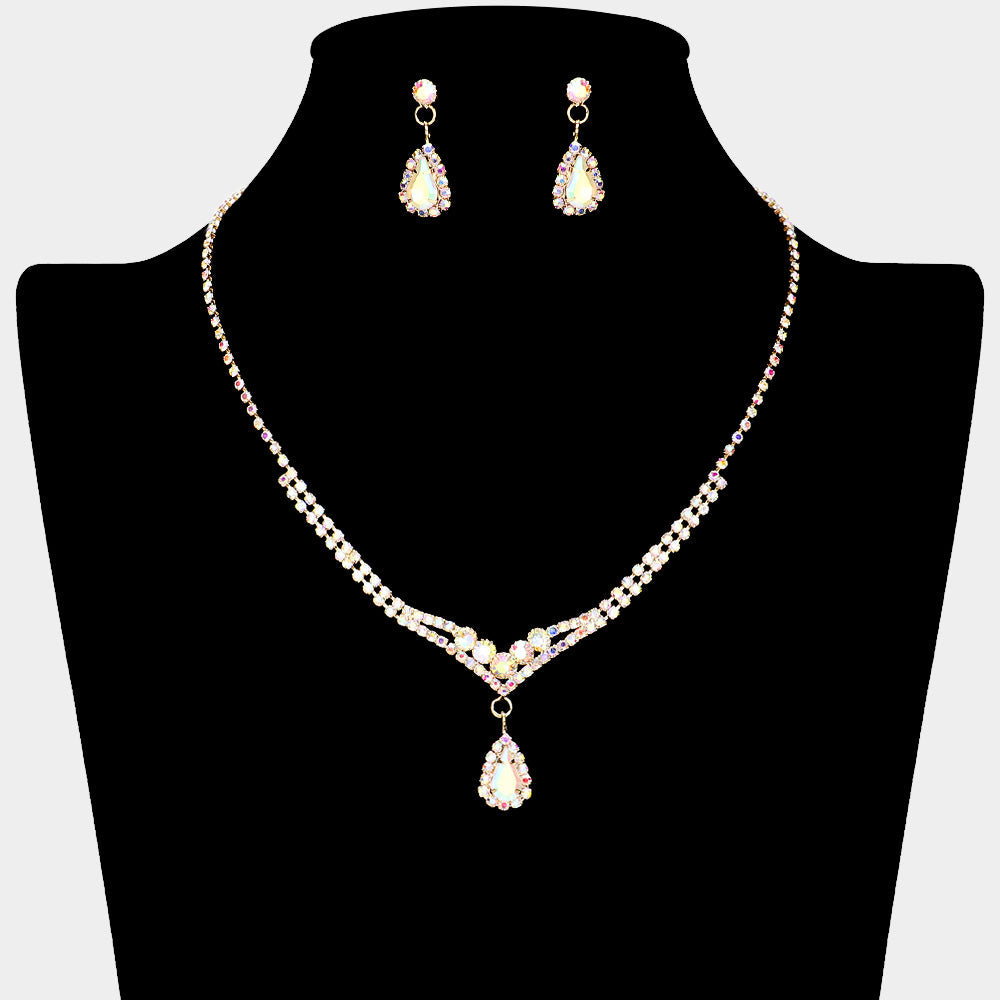 Madeline Love AB, Gold Teardrop Stone Pointed Rhinestone Paved Necklace