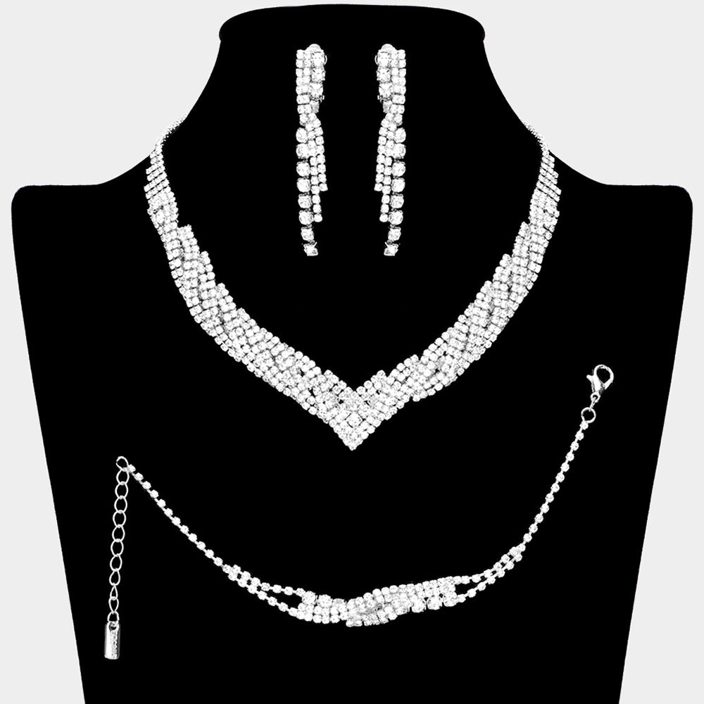 Madeline Love Silver 3PCS - Rhinestone Pave Necklace Clip On Earring Jewelry Set